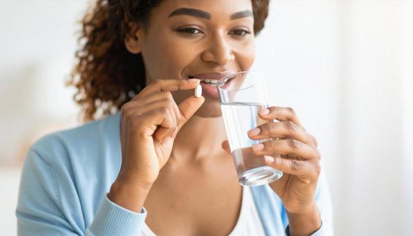 薬を飲む女性 薬を飲む女性の写真
