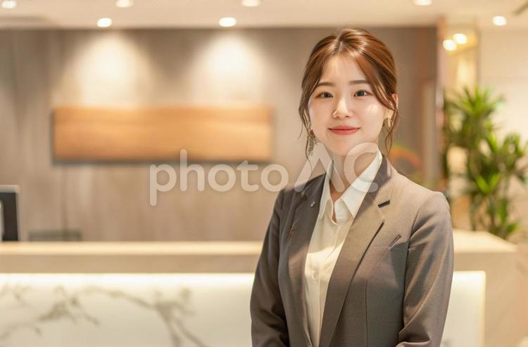 受付の前に立つ女性 受付,ビジネス,ビジネスウーマンの写真素材