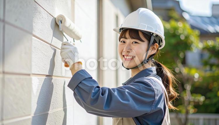 DIYで外壁塗装する女性 外壁塗装,屋根塗装,diyの写真素材