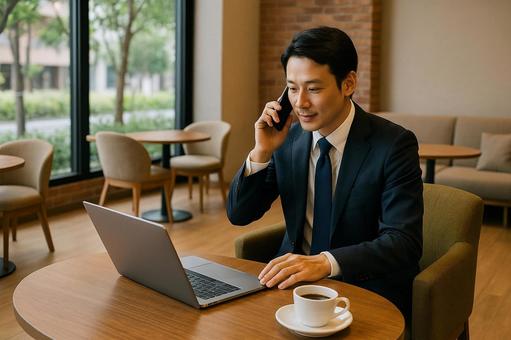 カフェで仕事中の男性 カフェで仕事中の男性の写真