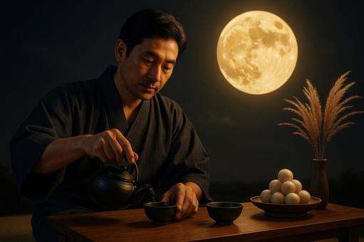 満月を背景にお茶を淹れる男性 満月を背景にお茶を淹れる男性の写真