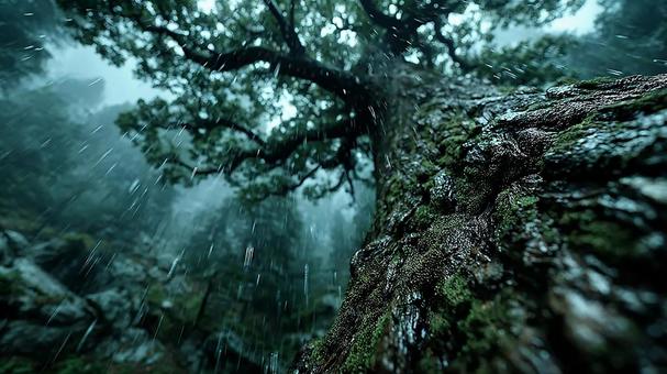 大雨に濡れる森の巨木 大雨に濡れる森の巨木の写真
