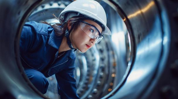 機械内部を点検する女性 機械内部を点検する女性の写真