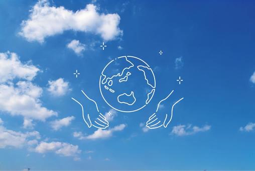 青い空に地球エコ 青い空に地球エコ 手,地球,環境の写真素材