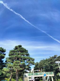 夏空を横切る飛行機雲 夏空を横切る飛行機雲の写真