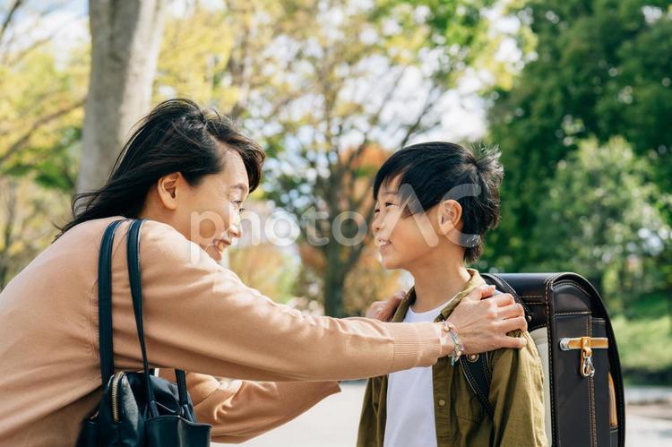 母親に褒められて喜ぶ男の子 親子,子供,喜ぶの写真素材