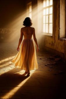 光差す廃墟を歩く女性の写真