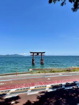 青空の下、琵琶湖に立つ白鬚神社の鳥居 白鬚神社,鳥居,湖中鳥居の写真素材