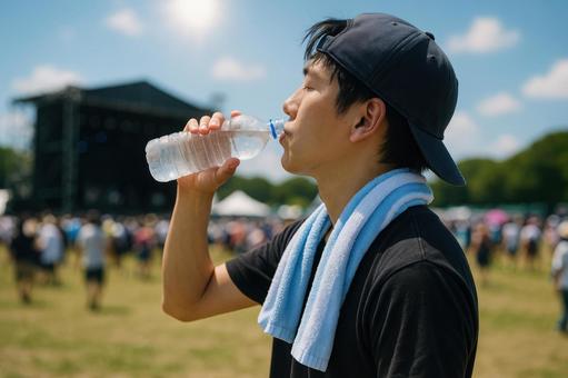 水を飲む日本人の若者 水を飲む日本人の若者の写真
