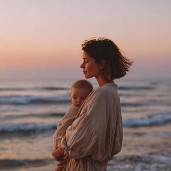 夕暮れのビーチで抱きしめる母子 夕暮れのビーチで抱きしめる母子の写真