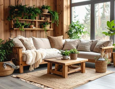 Winter living room made of natural materials, living, winter, furniture, JPG