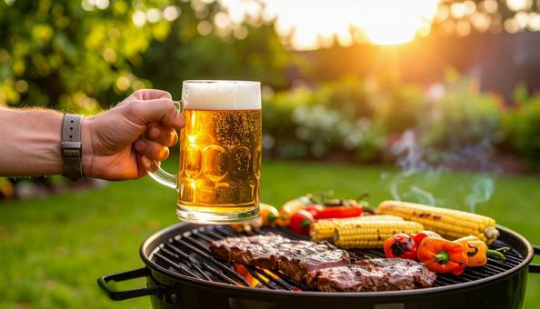 ビールで乾杯するバーベキュー ビールで乾杯するバーベキューの写真