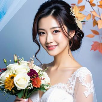 秋のウェデイングドレス姿の花嫁 ブーケ 秋のウェデイングドレス姿の花嫁 ブーケの写真