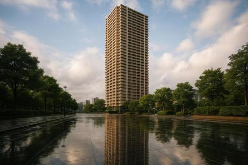 雨上がりのタワマン外観と反射 雨上がりのタワマン外観と反射の写真