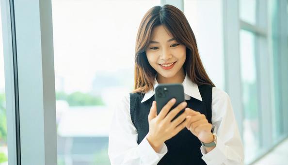 スマホを確認するビジネス女性 スマホを確認するビジネス女性の写真