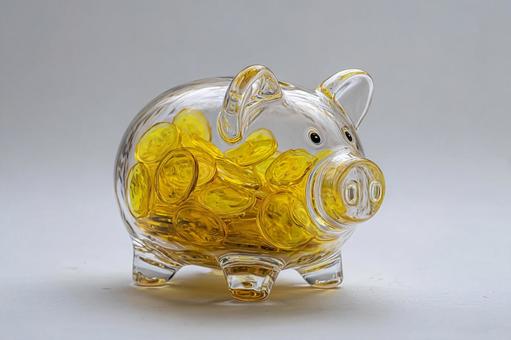 透明な豚の貯金箱に満たされた金色のコイン 透明な豚の貯金箱に満たされた金色のコインの写真