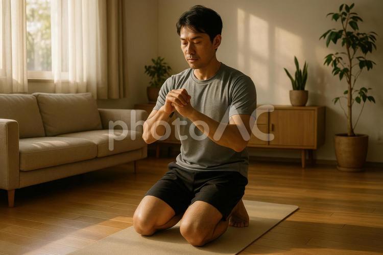 男性のヨガ・ストレッチ 男性,日本人,ヨガの写真素材