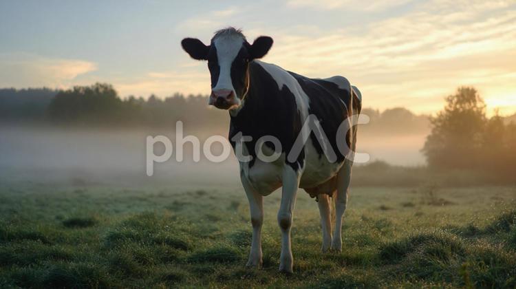 露に濡れた緑の牧草地に立つ黒白の牛 牛,ホルスタイン,乳牛の写真素材