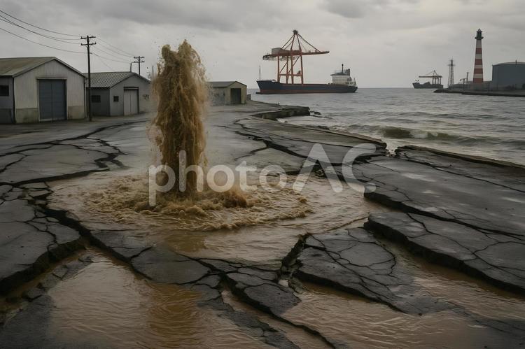 港湾の噴砂現象 液状化,噴砂,地割れの写真素材