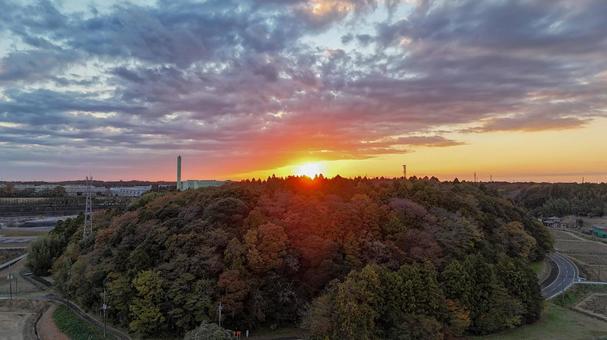 小森の陰に夕陽が沈む 空,夕焼け,自然の写真素材