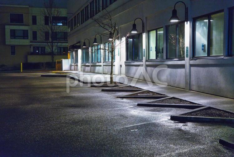 夜のアメリカの雨に濡れた駐車場 雨,夜景,夜の写真素材