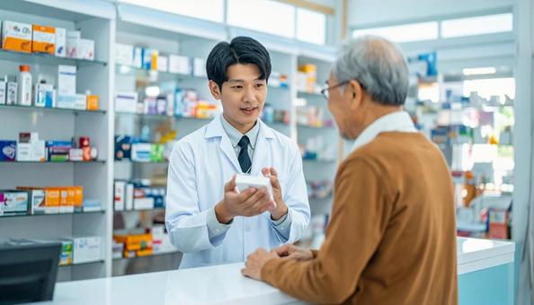 患者に薬の説明をする薬剤師 患者に薬の説明をする薬剤師の写真