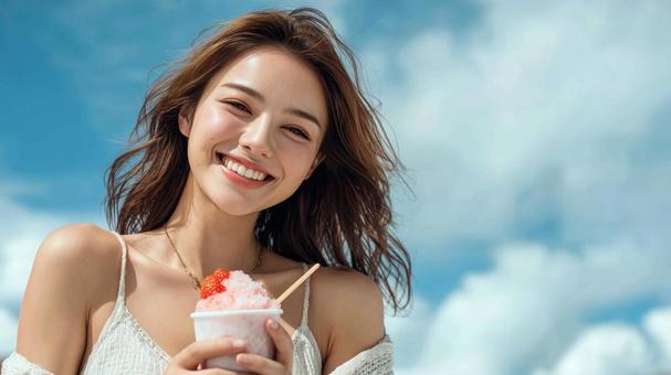 笑顔の女性とカキ氷 笑顔の女性とカキ氷の写真