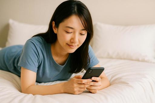 うつぶせでスマホ操作をしている女性 うつぶせでスマホ操作をしている女性の写真