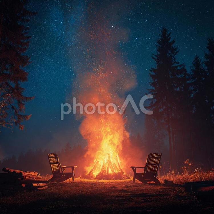 森林の星空の下の温かなキャンプファイヤー キャンプファイヤー,森林,夜の写真素材