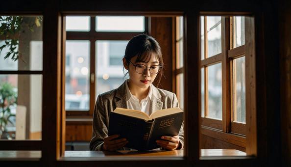 分厚い法律書を読む眼鏡の行政書士の女性 分厚い法律書を読む眼鏡の行政書士の女性の写真