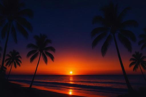 夕陽とヤシの木の海辺 夕陽とヤシの木の海辺の写真