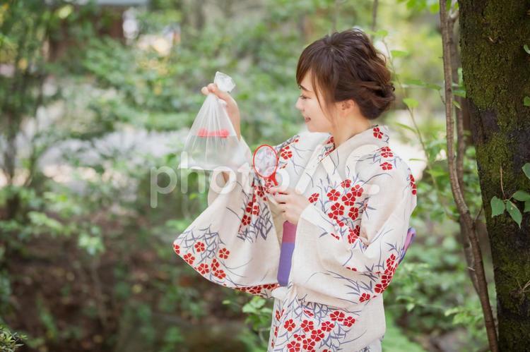 金魚すくいでおもちゃを釣る女性 浴衣,金魚,縁日の写真素材