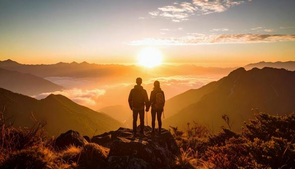 山から朝日を眺める日本人カップル 山から朝日を眺める日本人カップルの写真