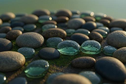 苔むした地面に並ぶガラス玉と小石 苔むした地面に並ぶガラス玉と小石の写真