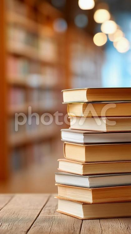 図書館の温もりある照明に照らされた本 図書館,本,書籍の写真素材