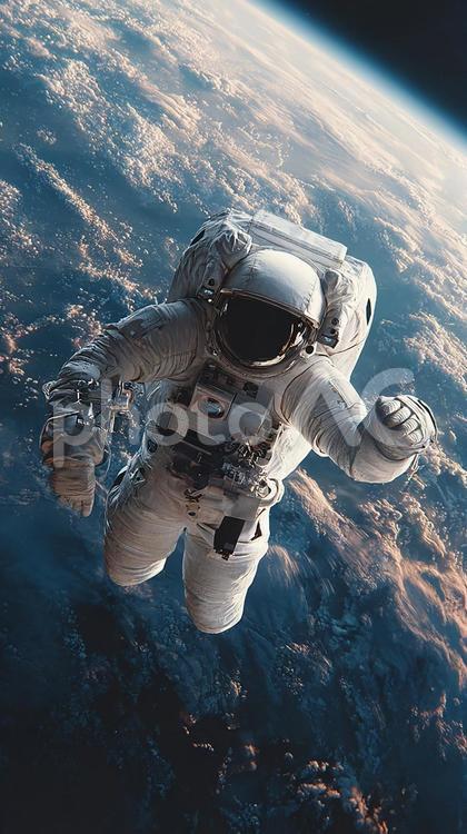 青い地球を背景に宇宙空間を漂う宇宙飛行士 宇宙飛行士,宇宙服,船外活動の写真素材