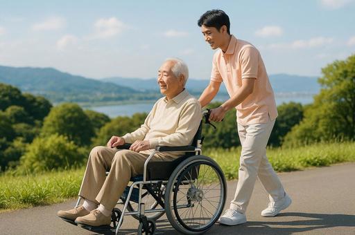 車椅子で散歩する高齢者と介護士の写真