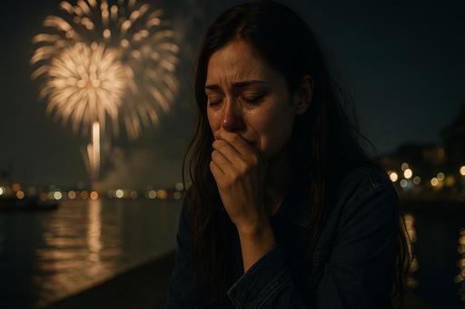 花火に涙する夜の人物 花火に涙する夜の人物の写真