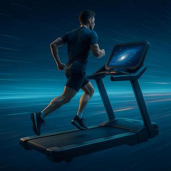 Man on a treadmill running in space, running, treadmill, fitness, JPG