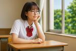教室で窓の外を見つめる女子学生（夏服） 女子学生,制服,白シャツの写真素材