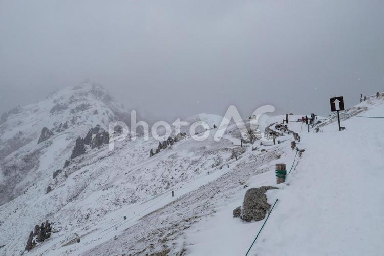 雪降り続くアルプスの稜線 燕岳,北アルプス,稜線の写真素材