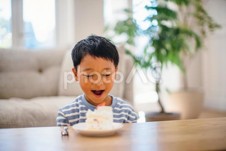 ケーキを見て喜ぶ男の子 男の子,ケーキ,笑顔の写真素材