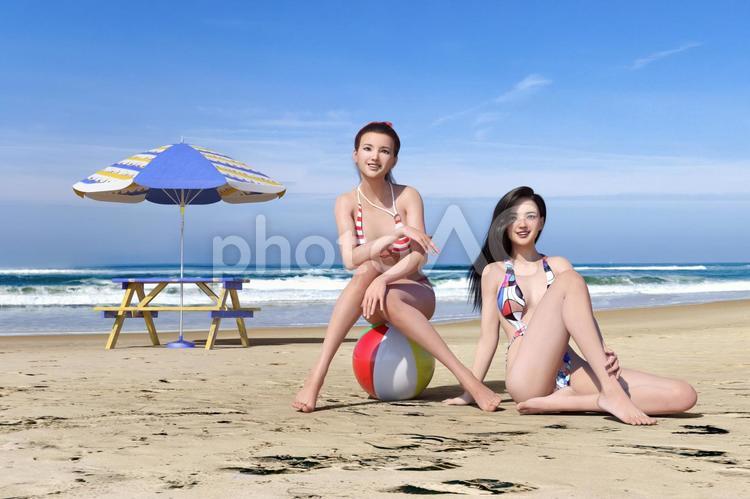 青い空と海を背に砂浜で横たわる二人の女 夏,季節,海の写真素材