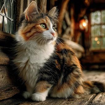 木造の家ともふもふの三毛猫 木造の家ともふもふの三毛猫の写真