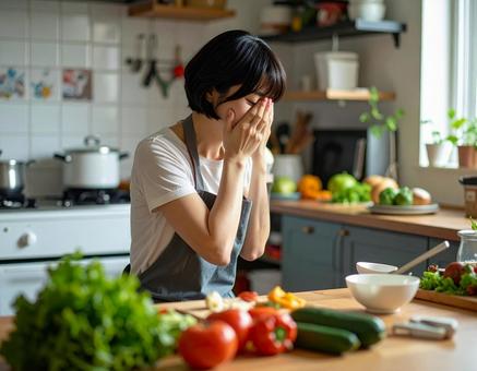 キッチンで顔を覆って落ち込む主婦の横顔 キッチンで顔を覆って落ち込む主婦の横顔の写真