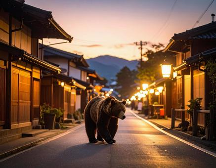 夕暮れの日本の観光地を歩く熊 夕暮れの日本の観光地を歩く熊の写真