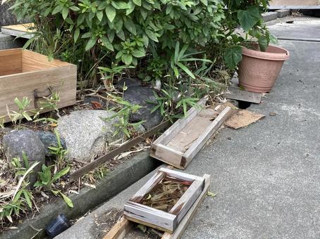 庭 庭 型板,木箱,石の写真素材