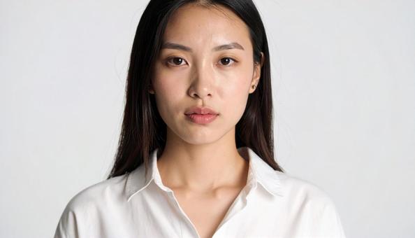 白シャツの真剣な表情の女性のポートレート 白シャツの真剣な表情の女性のポートレートの写真