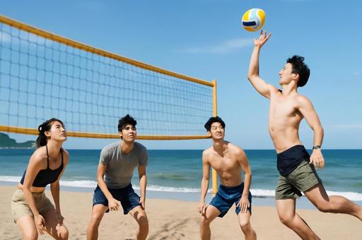 ビーチバレーを楽しむ仲間たちの写真