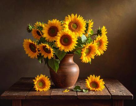 花瓶に咲くひまわりの静物画 花瓶に咲くひまわりの静物画の写真